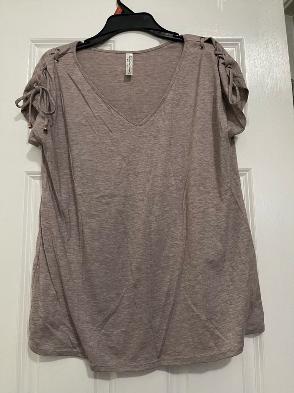 PerSeption Concept Mauve V-Neck Short Sleeve Top with Lace-Up Shoulders